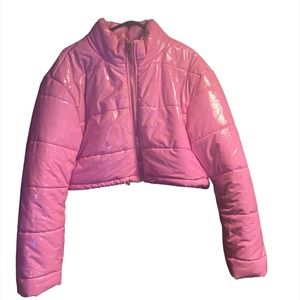 Bubble gum pink patent leather crop bubble coat